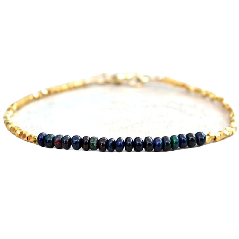 Bracelet en opale noire véritable d'Éthiopie, perles de 3mm haut de gamme et fermoir plaqué or