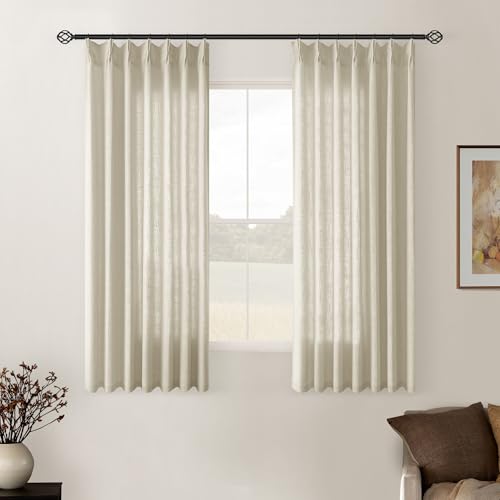 Image of TWODRAPES Linen Pinch Pleated Linen Curtains 2 Panels for Living Room Bedroom Memory Training Shaped Semi Sheer Pleat Drapes with Hooks Rings Light Filtering Window Curtain 40x45