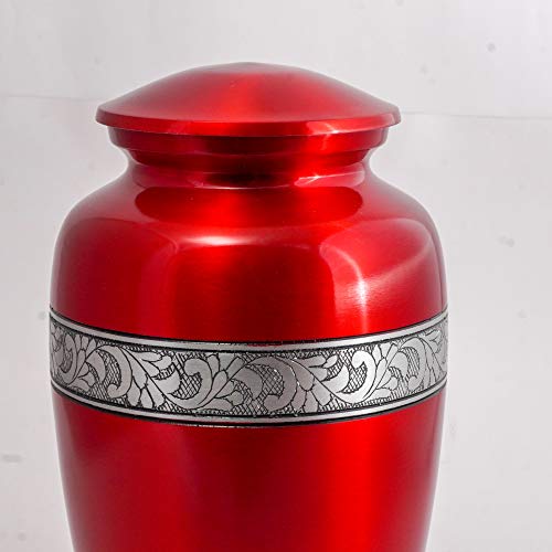 Image of Silver Engraved Aluminium Cremation Urn for Human Ashes Adult - Handcrafted Funeral Memorial Ash Storage Urn - Bag Included (Red, 6.5 inch x 6.5 inch x 10.5 inch - 200lbs or 91kg)
