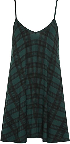 WearAll - Übergröße Bedruckt Ärmellos Riemchen Mini Kleid Vest Top - Grün Tartan - 44-46