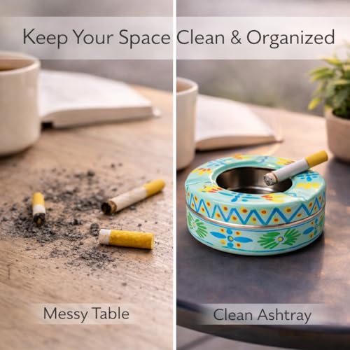 Image of iHandikart Handpainted Ash Tray 4x2 Inch | Metal Ashtray for Home, Table & Car Use | Multicolour Decorative Ashtray | Handmade Smoking Accessories for Indoor & Outdoor Use(Sky Blue)