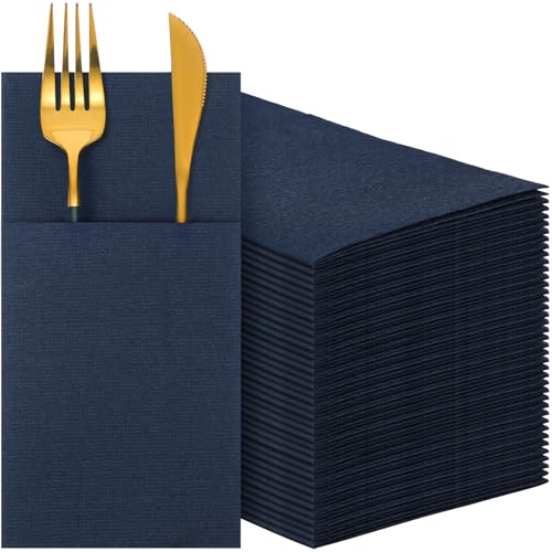 Qilery 200 Pcs Linen Feel Dinner Napkins with Flatware Pocket,Navy Blue