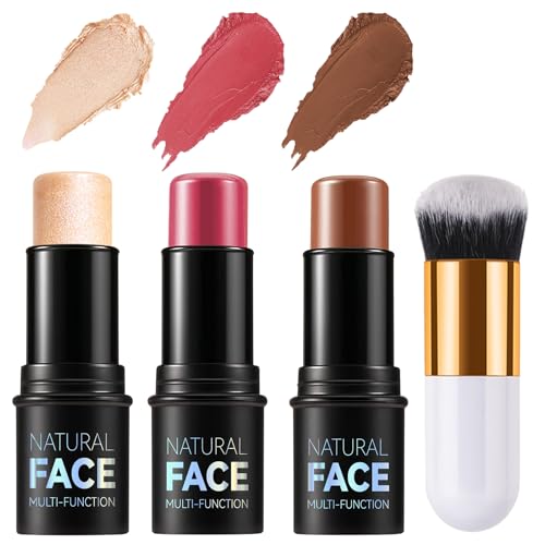 3Pcs Contour Highlighter Blush Sticks mit Pinsel - Creme Contour Bronzer Stick für Wangen Augen Lippen, lang anhaltende wasserdichte glatte Make-up-Sticks für alle Hauttypen Gesicht Make-up (Set D)