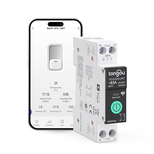 TONGOU SY2 JWT| 63A WLAN Smart-Relais-Schalter DIN-Hutschienen mit Leistungsmessung | Hausautomatisierung| TUYA Kein Hub erforderlich | Kabellose Lichtsteuerung &Drahtlose Steuerung von Elektrogeräten