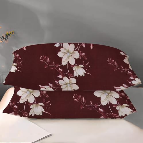 DREAMLET Premium Glace Cotton Elastic Fitted Bedsheets with 2 Full Size Pillow Covers Double Bedsheet with All Around Elastic Supersoft 160TC Size 90×100 inches (Brown White Flowers, Fitted)