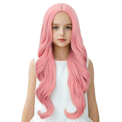 Image of Kids Pale Pink Wig Long Pastel Pink Wavy Curly Wig for Child Long Middle Part Wigs Heat Resistant Synthetic Hair with Cap (Small Size)