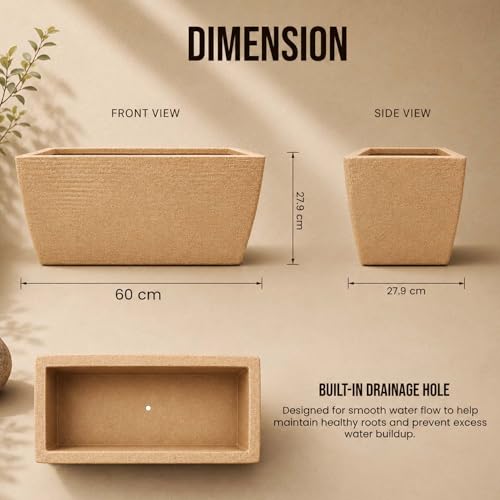 Image of Go Hooked Rectangular Leios Planter Pot 24x11 Inch | Sandstone Ribbed Design Plastic Flower Pot for Indoor Outdoor Garden Balcony Terrace Living Room | Decorative Long Plant Container