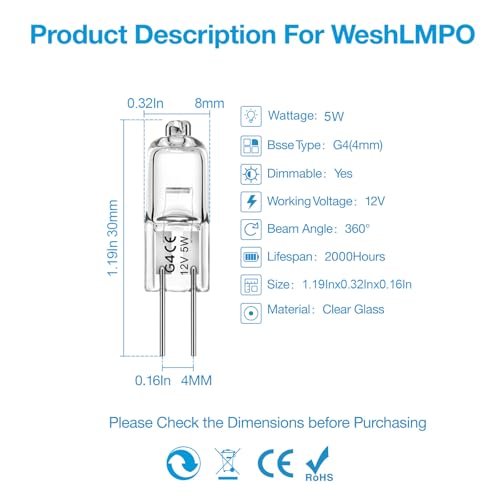 WeshLMPO G4 Bulb,12V 20W Halogen Light Bulbs 2 Pin,G4 Light Bulbs Replacement for Under Cabinet Puck Light,Chandeliers, Accent Lights, Track Lighting (12 Pack) by WeshLMPO - Image 5