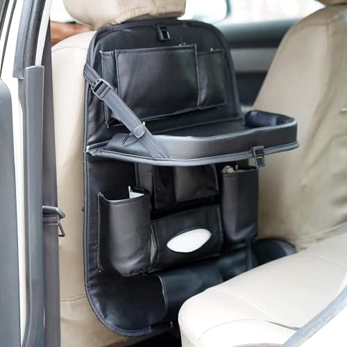 Image of Premium PU Leather Auto Car Back-Seat Organizer with Tray, Multi-pocket Storage, Tablet Holder, Bottle and Tissue Paper Holder, Mobile Holder and Tray for food