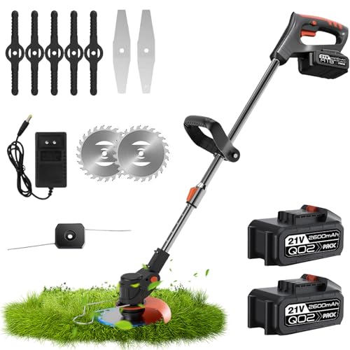 Cortador de bordes inalámbrico con batería, desbrozadora eléctrica inalámbrica, con cuchillas, mango telescópico de bajo ruido y ligero para jardín, césped, granja (2 baterías)