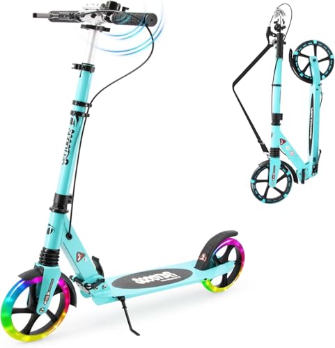 Scooter for Kids Ages 8+ Teens & Adults, Lightweight Kick Scooter with Carry Strap Adjustable Height Equipped with Front handbrake and Rear Brake, Big Sturdy PU Flash Wheels Great Gift & Toy (Blue)