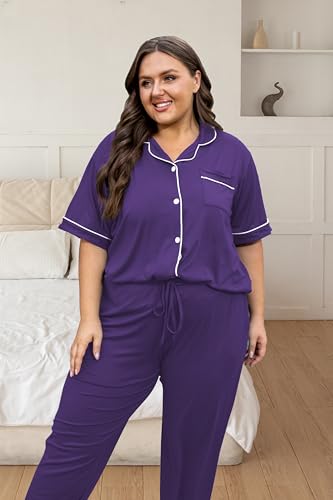 Image of Vozanet Women's Plus Size Pajamas Button Down Shirt and Pants Soft Lounge Sets Bride Nighty Bottom with Pockets 1x to 5x