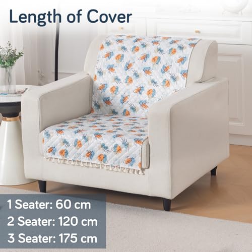 Image of HOKIPO Abstract Petals Quilted Sofa Cover for 1 Seater with Tassels for Seat & Back, 'Tassel Twigs' Series (IN-989-T10)