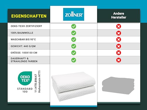 ZOLLNER 2er Set Badetücher in 100x150 cm - weiches und saugstarkes Waffelmuster in weiß - mit Aufhänger - waschbar bis 95°C - Baumwolle - Hotelqualität - Oeko Tex® Zertifiziert