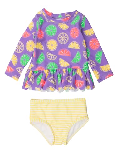 Image of RuffleButts Baby /Toddler Girls Scalloped Long Sleeve Rash Guard 2-Piece UPF50+ Sun Protected Swimsuit