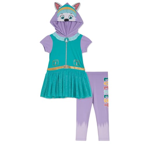 Paw Patrol Everest Little Girls Hooded Cosplay T-Shirt Dress and Leggings Outfit Set Tie Dye Teal/Everest 7-8