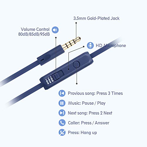 kinderhoofdtelefoon, EasySMX oren bedrade lichtgewicht hoofdtelefoon met microfoon, in-line bediening, 80-95dB… - Afbeelding 3