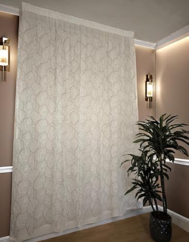 Cortina visillo transparente con bordado tórtola y blanco, cinta fruncidora, ideal para salón o dormitorio. Compatible con rieles de 140/170 cm, altura ajustable 180-279 cm. Medida: 280 x 245 cm.