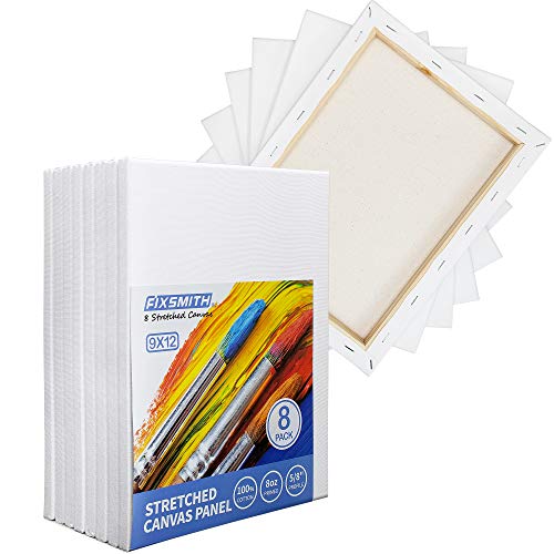 Image of FIXSMITH Stretched White Blank Canvas - 9x12 Inch, Bulk Pack of 8, Primed,100% Cotton, 5 /8 Inch Profile of Super Value Pack for Acrylics,Oils & Other Painting Media.