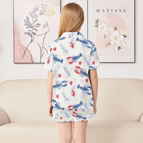 ALAZA Blue Lobster Leaf Heart Satin Pajamas Set Short Sleeve Button Down Sleepwear Summer Pjs 2 Piece4