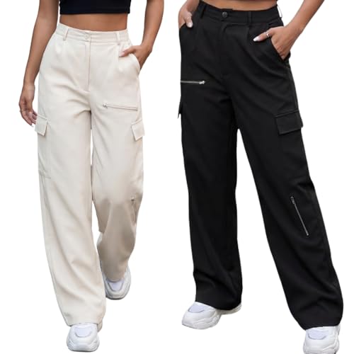 Image of GRECIILOOKS Cargo Pants For Woman | Trousers For Womans |High Waist Trouser for Women - Flared Parachute Pants with Side Pockets |Womens Cargo Pant | Elegant for College & Events (Available in Plus Size)