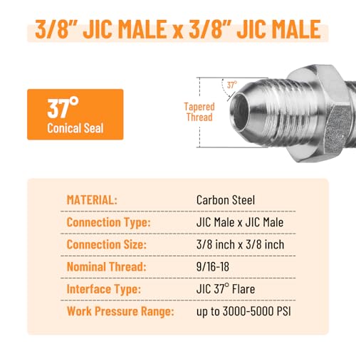 Image of 10 Pack Hydraulic Hose Adapter Fittings: 3 /8 inch JIC Male x 3 /8 inch JIC Male, Straight Tube Hydraulic Connectors with Protection Cover
