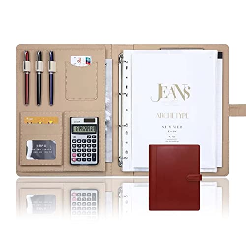 リングバインダー, A4 ポートフォリオ バインダー PUレザー メモ帳 3リングオーガナイザー フォルダー マルチカラー 複数オプション(Brown,No calculator)