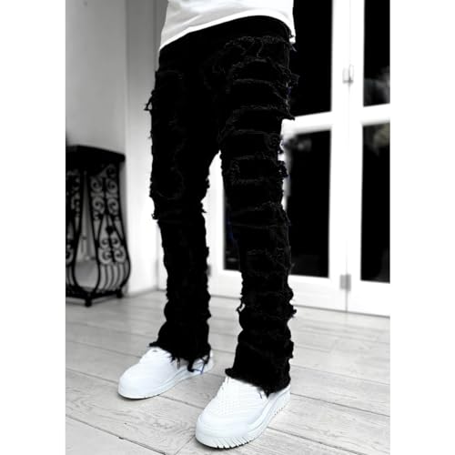 Men Stacked Jeans Skinny Black Ripped Patchwork Denim Pants3