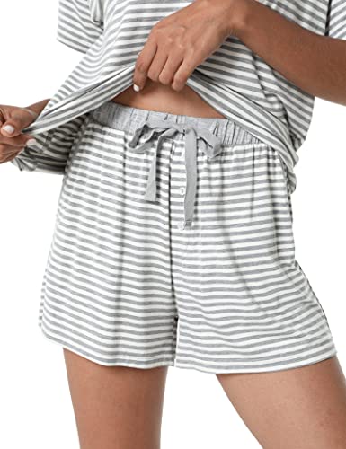 LazyCozy Striped Pajama Set for Women, Viscose Made from Bamboo, Short Sleeve Shirt with Sleep Shorts Soft PJ Set4
