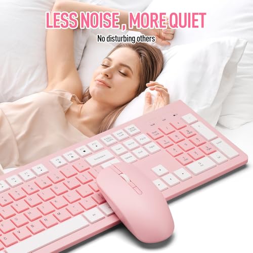 Image of Wireless Silent Keyboard and Mouse Combo, Ultra-Slim Sleek Design Full-Sized Wireless Keyboard and Adjustable DPI Mouse, 2.4GHz USB Receiver for PC, Windows, MAC, Desktop, Laptop (Pink)