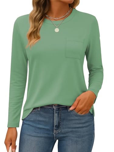 SMENG Women's T-Shirts Long Sleeve Cosy Fall Tops Fashion Clothes SOID Color Casual Basic Womens Tops with Pocket S-XXL Pea Green SMENG Women's T-Shirts Long Sleeve Cosy Fall Tops Fashion Clothes SOID Color Casual Basic Womens Tops with Pocket S-XXL Pea Green