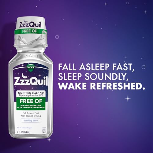 zzzquil nighttime sleep aid liquid free of alcohol amp artificial dyes 50 mg diphenhydramine hcl no1 sleep aid brand fall asleep fast non-habit forming soothing berry flavor 12 fl oz