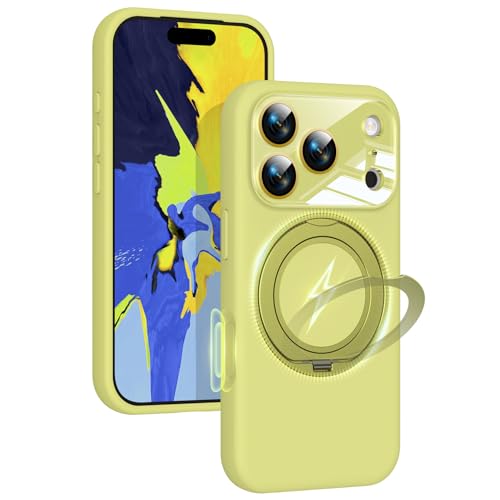 Image of Silicone 360 Spin Magnetic Stand Case for iPhone 17 Pro, [Compatible with Mag-Safe][Reinforced Hard Camera Protection] Liquid Silicone Rubber Phone Case Cover with Ring, Camera Button, Butter Yellow