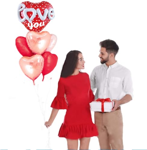 Image of Red Heart Shape Rose Gold Love You Balloons Pack Of 6 Foil Helium Mylar Balloons For Valentines Day Mothers Day Wedding Anniversary Decorations Bridal Shower Birthday Party