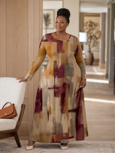 Image of PinkPatty Plus Size Maxi Dress for Curvy Women Crew Neck Long Sleeves Casual Dress Vacation Sundresses with Pockets