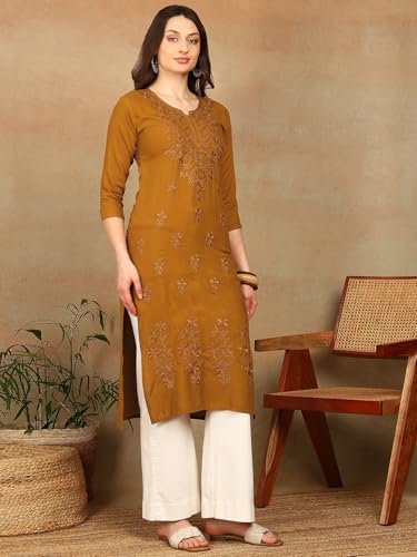 Image of Women Pink Ethnic motifs Embroidered Lucknowi Chikankari Long Kurti