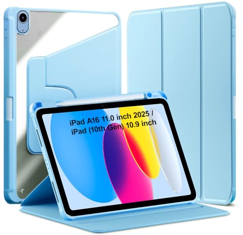 Image of TGK Rotating Case for iPad 10th Gen 10.9 inch 2022 (A2757 / A2777 / A2696) with Pencil Holder 360 Degree Rotation Protective Trifold Stand Cover Clear Back (Sky Blue)