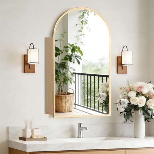 Arch Medicine Cabinet with Mirror, Retro Wood Finish Rust-Proof Aluminum,