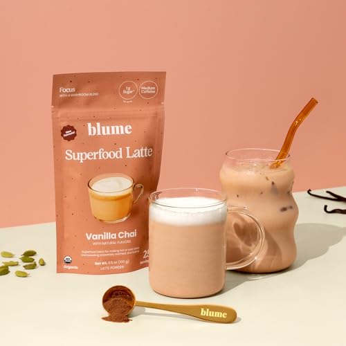 Image of Blume Superfoods Latte - Vanilla Chai Blend with Black Tea, Cardamon, Cinnamon, Low-Caffeine, Low-Sugar, Organic, Keto Friendly, Vegan, Mushroom Blend- 25 Servings