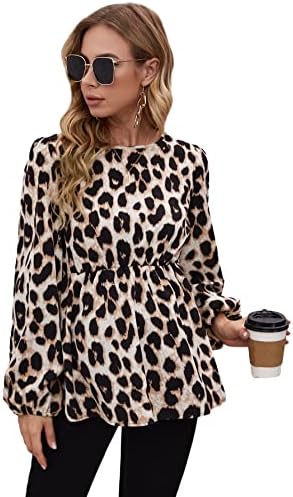 MakeMeChic Women's Maternity Shirts Leopard Long Sleeve Pregnancy Peplum Blouse Multicolor M