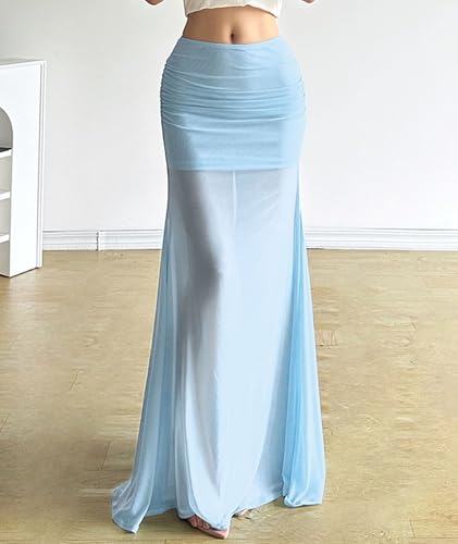 xxxiticat Women's Blue Maxi Skirt High Waist Sheer Mesh See Through Flared Hem Elegant Y2k Floor Length Mermaid Long Skirts4