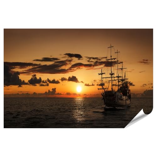 islandburner XXL Bild Poster Segelschiff im Sonnenuntergang am weiten Meer Premium Bilder 90x60cm