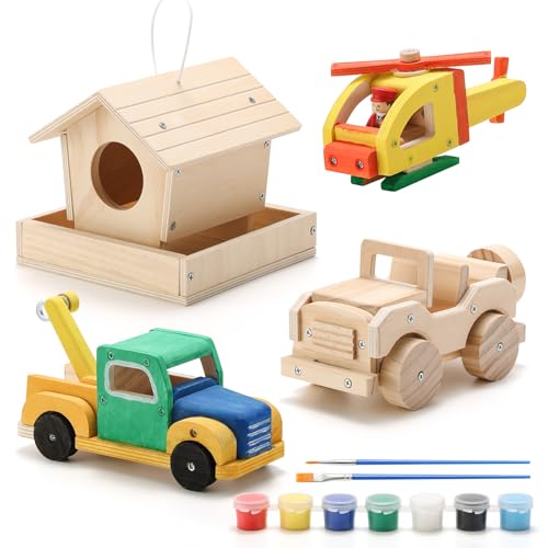 SainSmart Jr. Woodworking Building Kits for Kids with Birdhouse 4-in-1 Kids STEM Projects Set DIY Wood Crafts Assembly Toys with Paints & Brushes for Boys and Girls