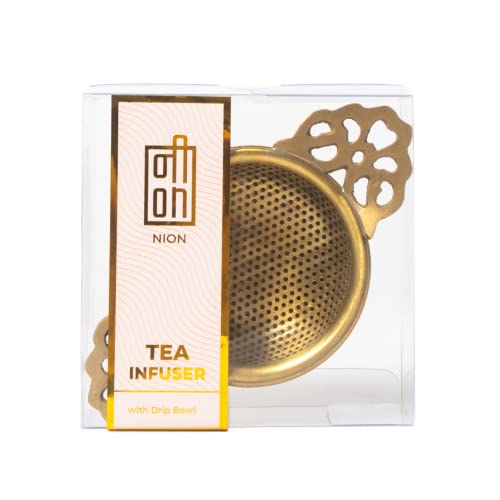 Image of NION Premium Brass Tea Strainer Gold with Drip Bowl | Perfect for Steeping Loose Leaf Tea Infuser Strainer Teapot | Solid Brass Drip Bowl