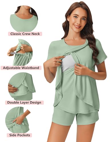 Image of Ekouaer 3 PCS Maternity Nursing Pajamas Set Postpartum Breastfeeding Short Sleeve Shirts, Pregnancy Shorts & Pants Pjs S-XXL