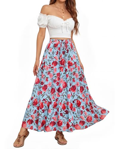 Image of ZESICA Women's 2026 Summer Bohemian Floral Printed Elastic Waist A Line Maxi Skirt with Pockets