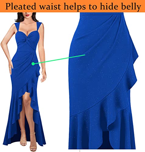 Image of VFSHOW Womens Glitter Sweetheart V Neck Twist Front Backless Ruched Ruffle Slit Formal Evening Gown Maxi Dress