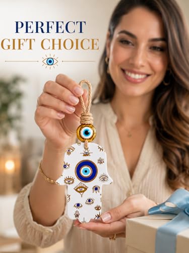 Image of Handcrafted Evil Eye Hamsa Hanging for Home Entrance Decor | Turkish Nazar Protection Wall Hanging | Ceramic Hand of Fatima Ornament with Jute Rope | Housewarming Gift for Home & Office