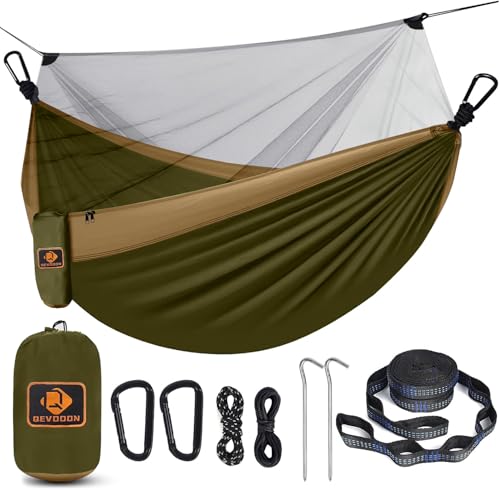 Camping Hammock, Portable Hammocks with Mosquito Net,Lightweight Nylon Parachute Hammock with 10ft Tree Straps,Camping Gear Must Haves for Travel Hiking Backpacking Beach Patio-Green/Khaki by Qevooon - Used condition - CA$28.15