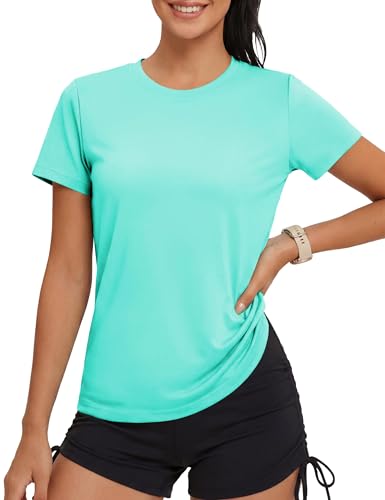 Image of MAGCOMSEN Tshirts Women UK Running Sports Gym T-Shirt Summer Breathable Yoga Tops Swimming Training Shirt,Lake Blue,XL